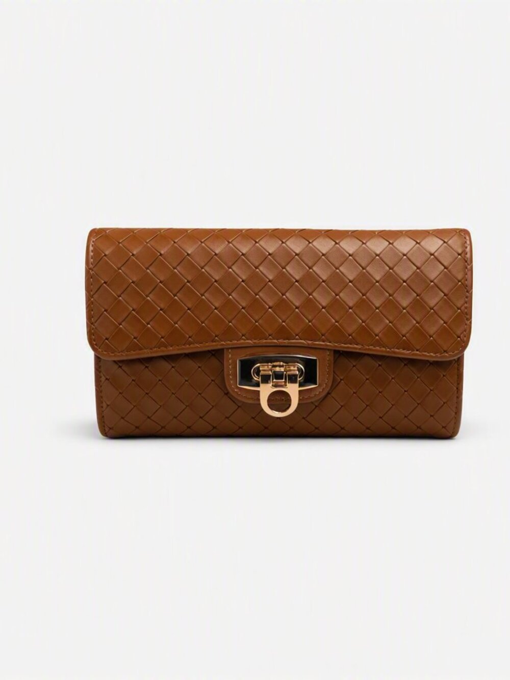 Brown Woven Faux Leather Crossbody Clutch Bag Gold Turn Lock NWT Fall Chic NWT
